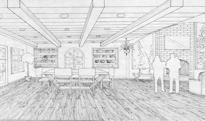 Drafted one-point perspective of an open-plan living area drawn by Ava Canales