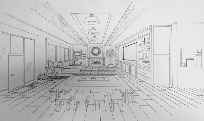 One-point perspective drawing of a living room drawn by Emma Blume