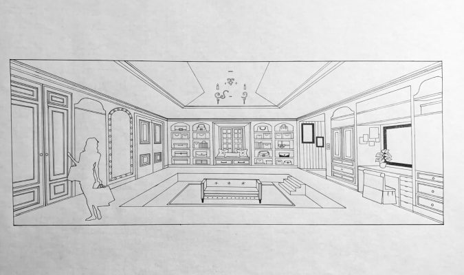 One-point perspective of a living room drawn by Maleah Gagliardi
