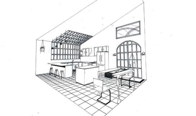 Drafted two-point perspective of a kitchen drawn by Lily Draper